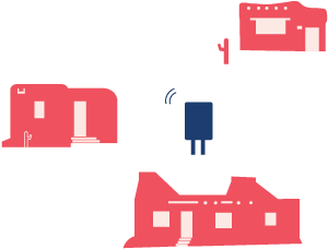 Illustration of three different adobe houses wirelessly connected with routers